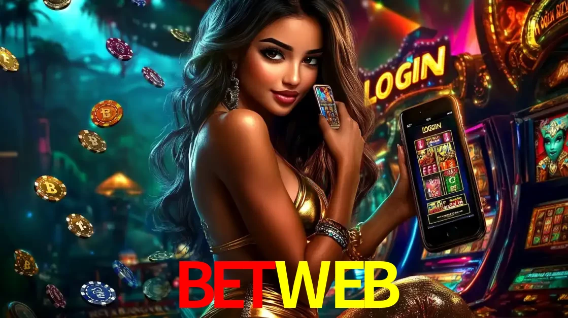 Mulher em um cenário de cassino temático de aventura, mostrando o app de caça-níqueis da BETWEB no celular. Fichas de apostas flutuam ao redor.