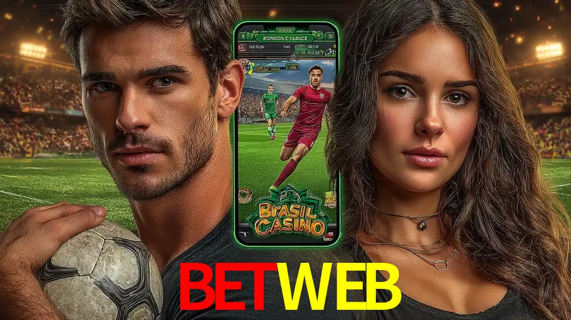 Homem segurando uma bola de futebol e uma mulher ao lado de um smartphone exibindo o jogo de apostas esportivas da BETWEB. Faça seu palpite no cassino online.
